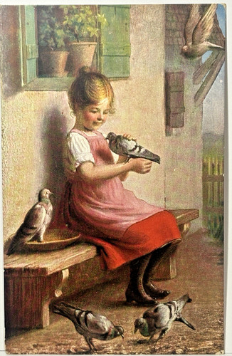 Children postcard girl feeds - postcard,