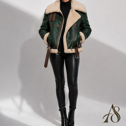 Women green leather shearling - green,