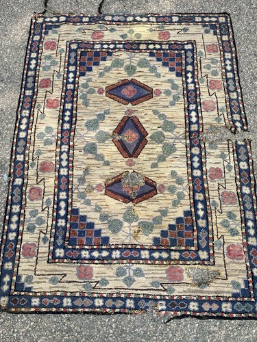 Antique hand hooked rug worn - hand,