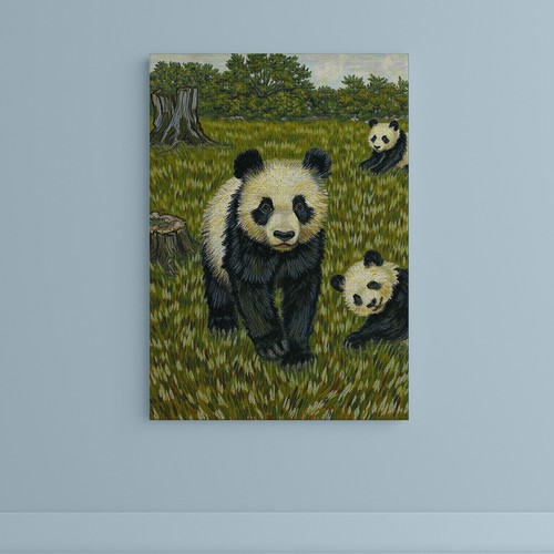 Panda bear grassy field oil - panda,