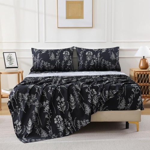 Black floral printed sheet set - floral,