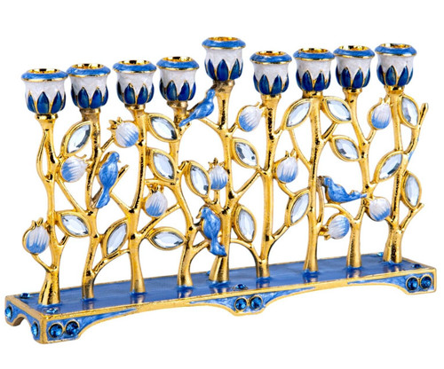 Blue and gold enamel menorah - blue,