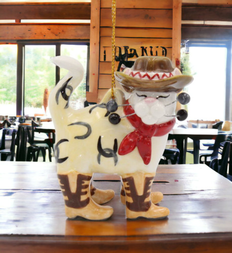 Ceramic cowboy cat ornament - ceramic,