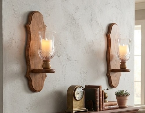 Vtg candle sconces oak - oak, 15”