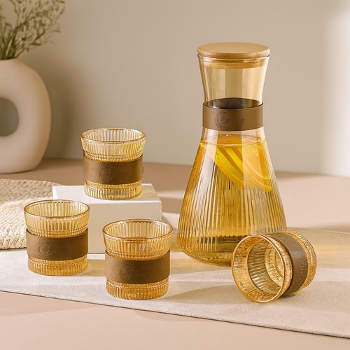 Amber glass pitcher set - glass, with