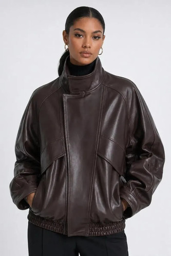 Women brown leather bomber - brown,
