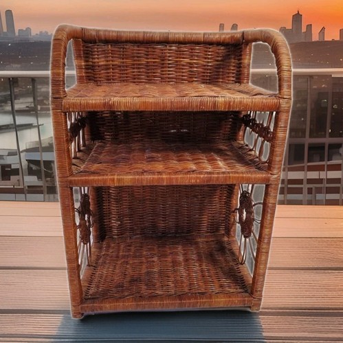 Vtg wicker shelf etagere plant - shelf,