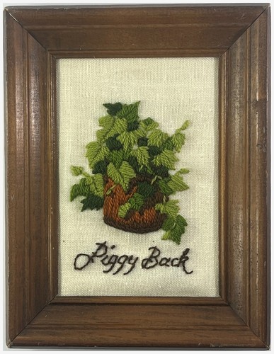 Framed crewel embroidery piggy - framed,
