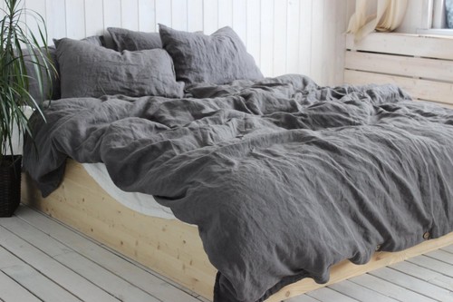Dark grey linen bedding set - bedding,