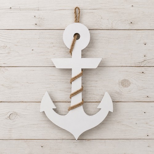 Wooden white anchor jute wall - white,
