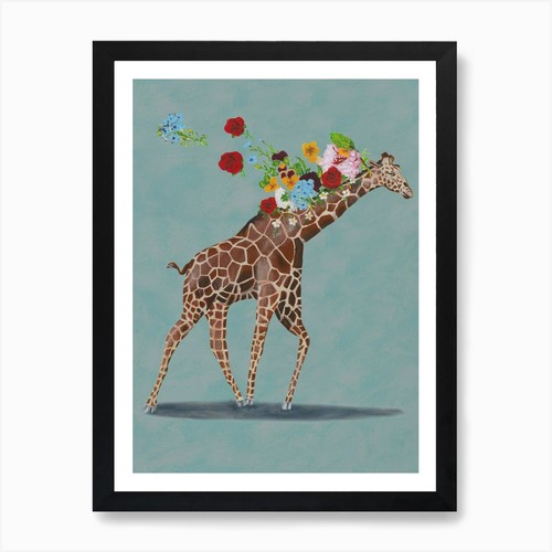 Giraffe with flowers art print - with,
