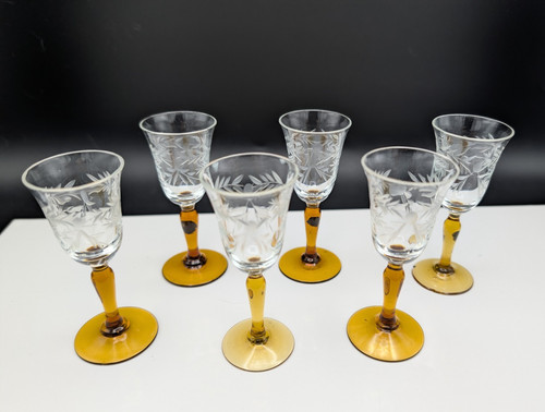 Vintage amber stem etched - amber,