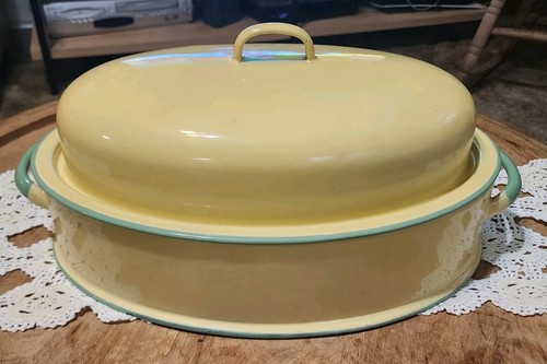 Vintage yellow enamelware oval - vintage,