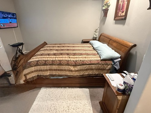 Brown wood sleigh bed frame - bed,