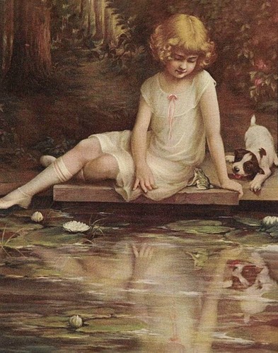 Girl pond with puppy - puppy, and