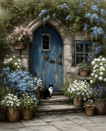 Tuxedo cat waiting - tuxedo, blue