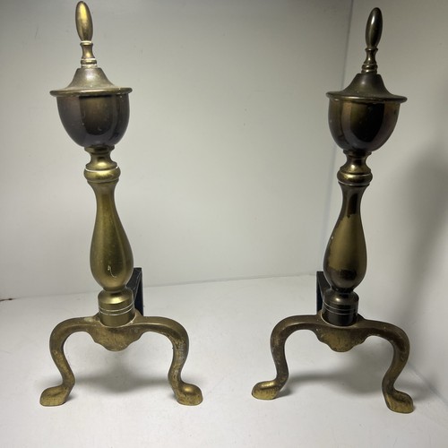 Vtg brass andirons fireplace - andirons,