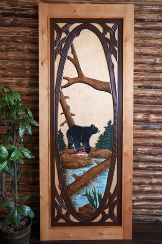 Handmade bear pine door cabin - pine, door,