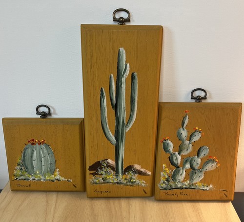 Wood painted art - wood, cactus