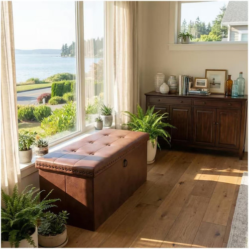 Faux leather storage ottoman - faux,