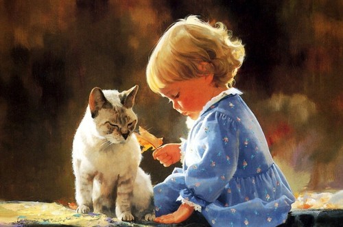 Cute little girl and cat - , oil