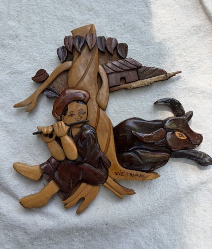 Vtg wood art boy flute - flute, bull