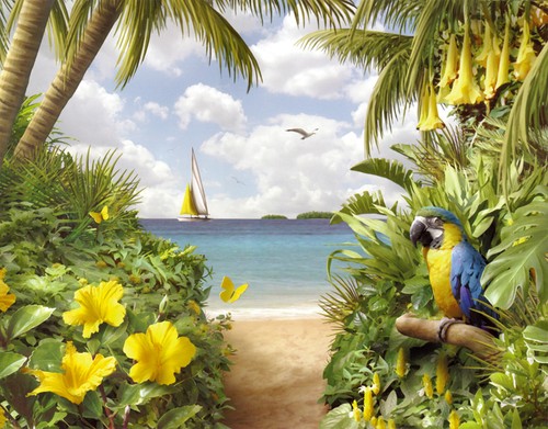Tropical landscape parrot - , oil
