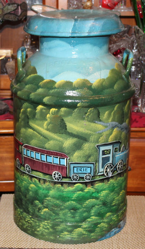 Antique milk can hand - hand, painted