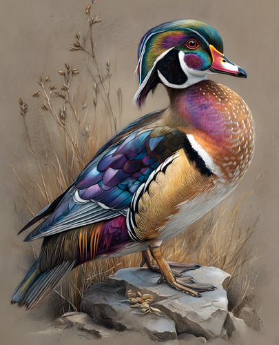 Colorful wood duck standing - colorful,
