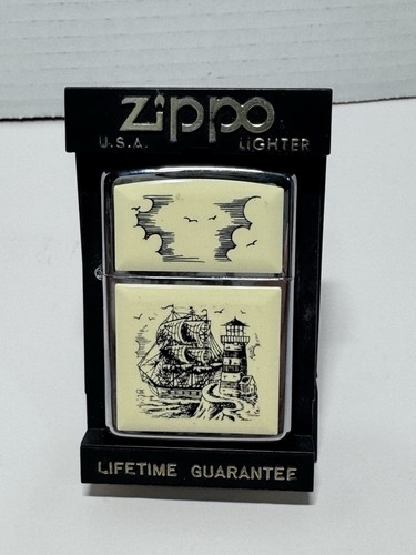 Vintage zippo scrimshaw ship - zippo,