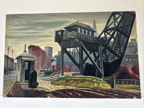 Antique wpa painting cityscape - antique,