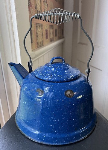 Vtg blue enamel teapot kettle - vtg,