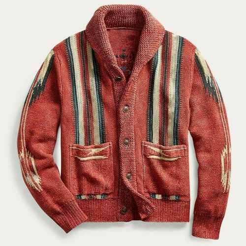 Red mens cardigan knit sweater - cardigan,