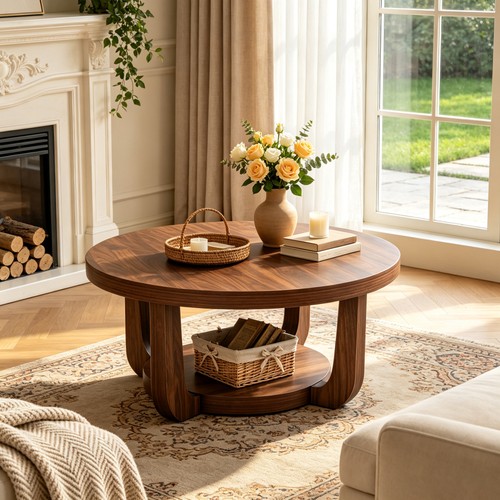 Round coffee table - coffee, w/