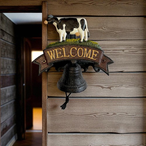 Cow welcome bell sign cast - cow, sign,