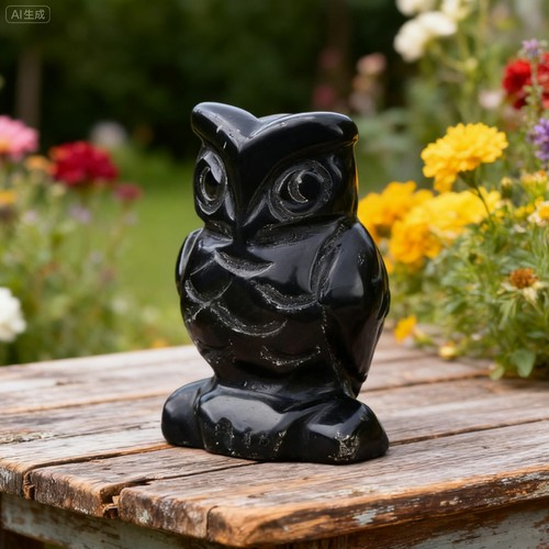 Natural obsidian owl - natural, carved