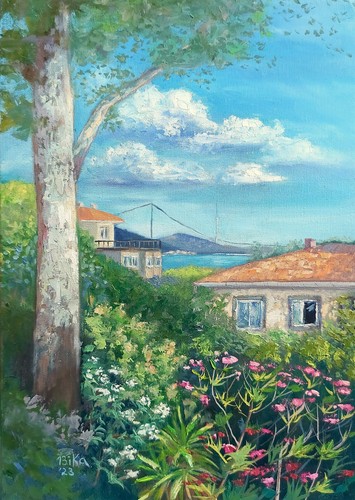 Garden path cottage - cottage, oil