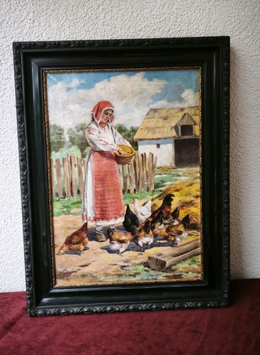 Antique oil painting - painting, village
