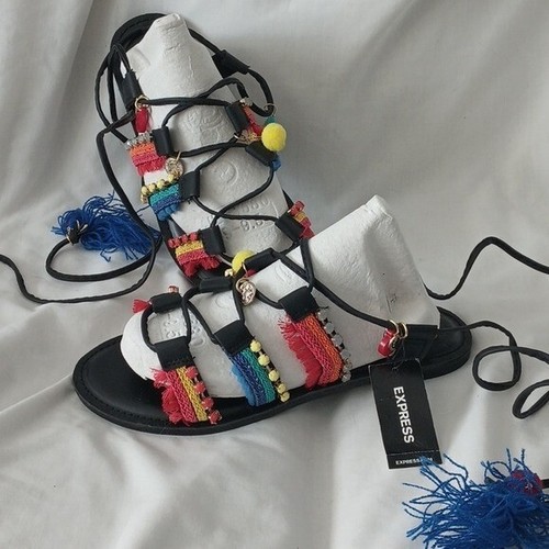 Sandals black strappy tie up - sandals, 7