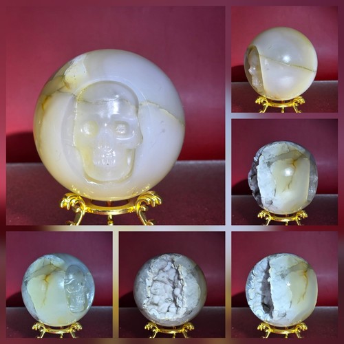 White agate druzy skull sphere - white,